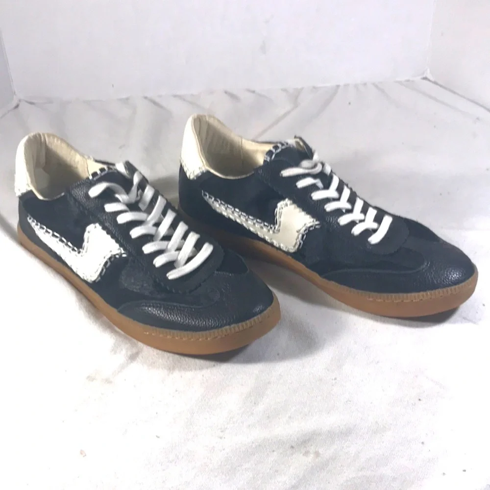 Dolce Vita Women Notice Black Leather & Fur Sneakers with White Stitched Accents